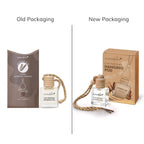 Comparison of old and new packaging for a car perfume hanging pod.