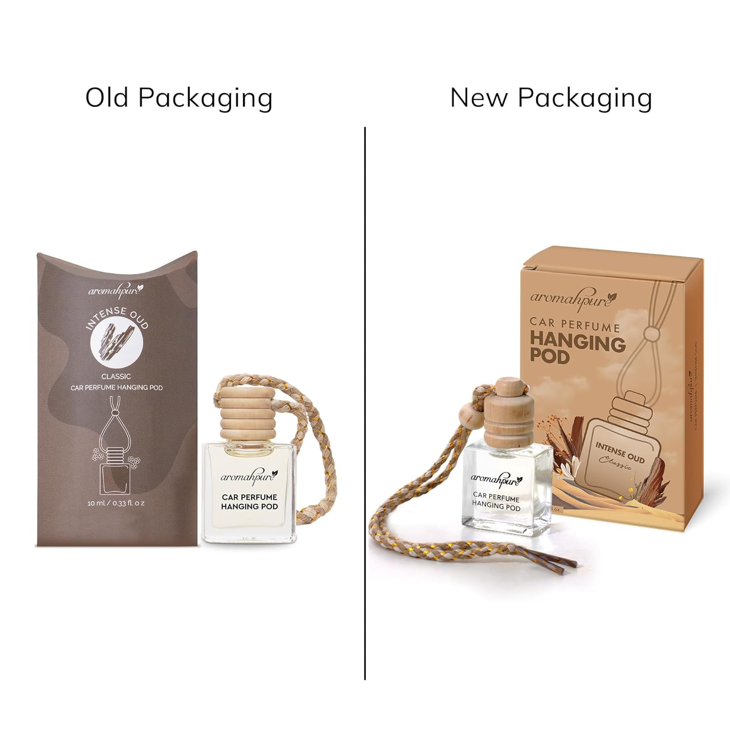 Comparison of old and new packaging for a car perfume hanging pod.