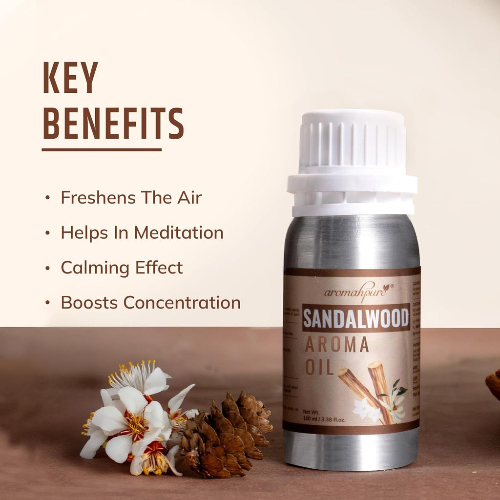 Aromhpure Sandalwood aroma oil bottle with key benefits