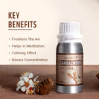 Aromhpure Sandalwood aroma oil bottle with key benefits