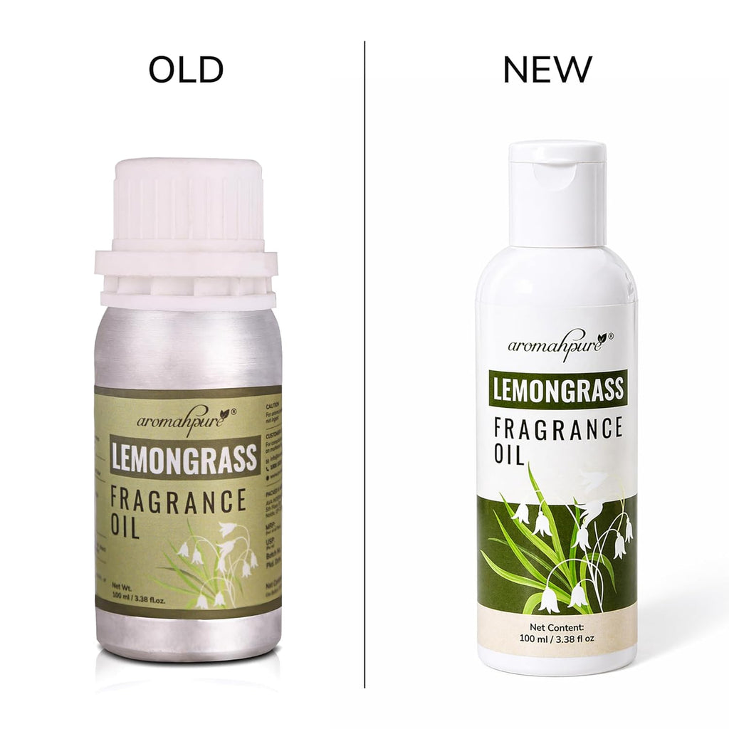 Aromahpure Lemongrass fragrance oil New vs Old packaging