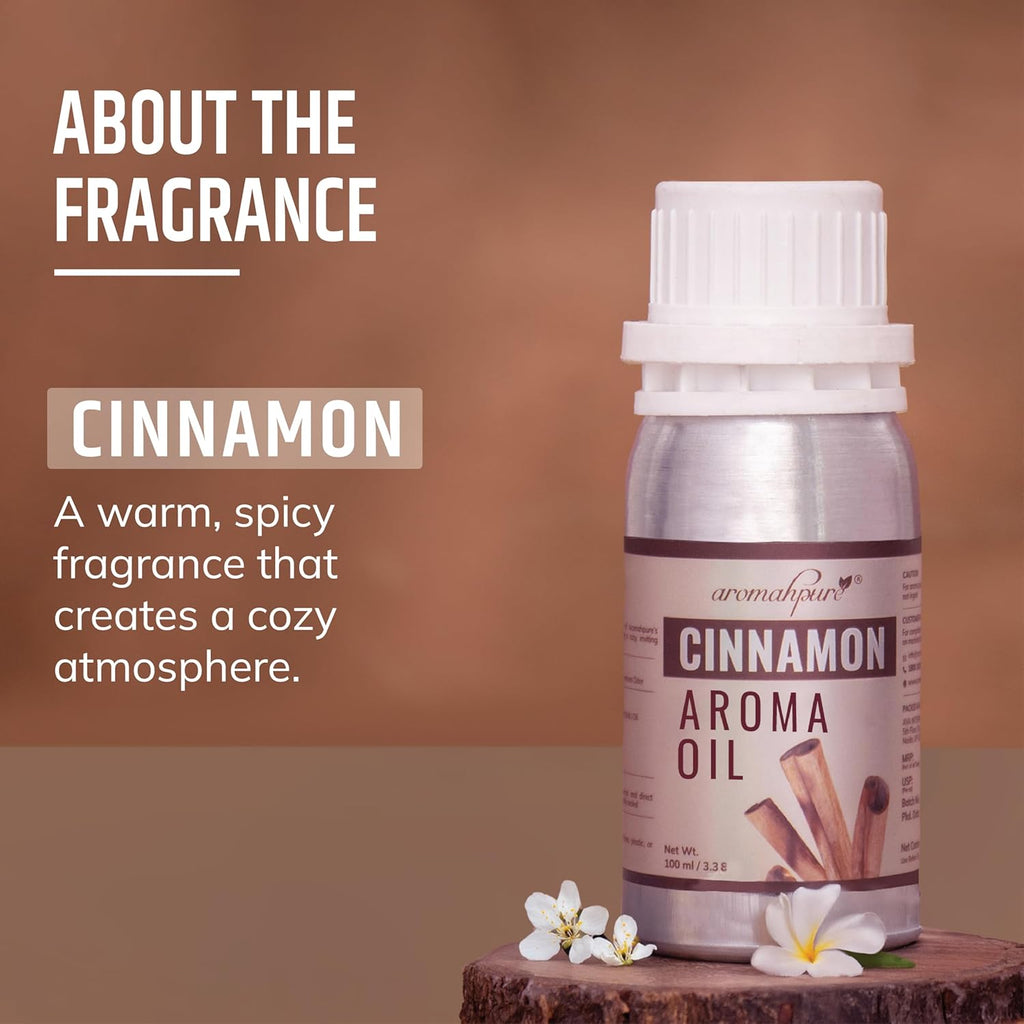 About the fragrance of Cinnamon aroma oil bottle with descriptive text on a brown background