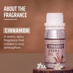 About the fragrance of Cinnamon aroma oil bottle with descriptive text on a brown background