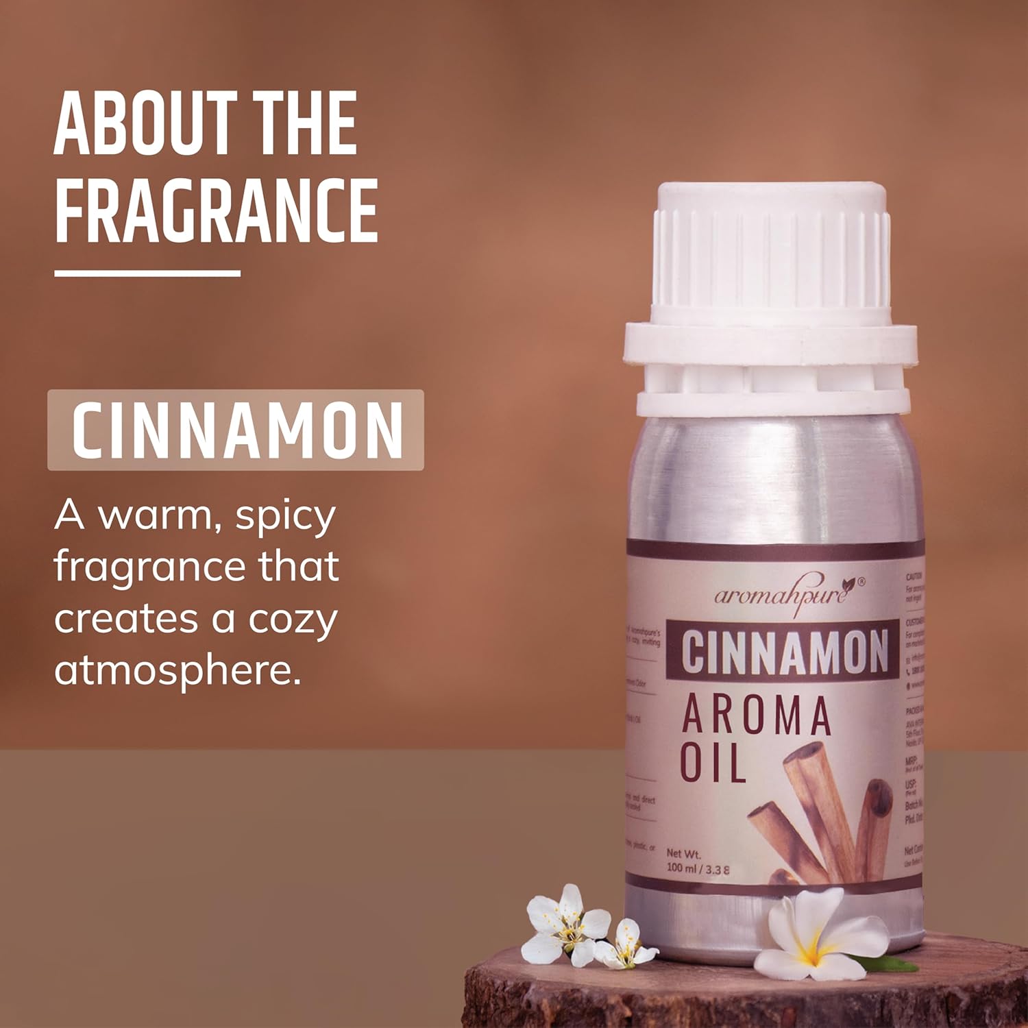 About the fragrance of Cinnamon aroma oil bottle with descriptive text on a brown background