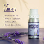 Lavender aroma oil bottle with key benefits  - Freshens the air calming effect and boosts concentration