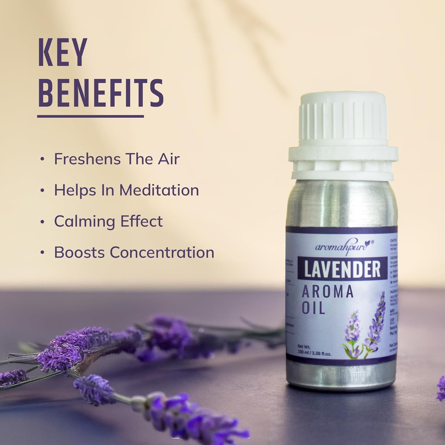 Lavender aroma oil bottle with key benefits  - Freshens the air calming effect and boosts concentration