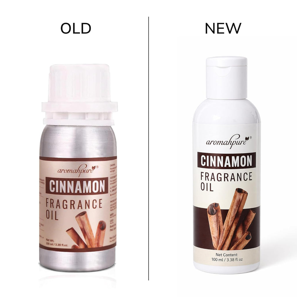 A side-by-side comparison of an old and new bottle of aromahpure Cinnamon Fragrance Oil