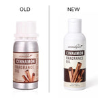 A side-by-side comparison of an old and new bottle of aromahpure Cinnamon Fragrance Oil