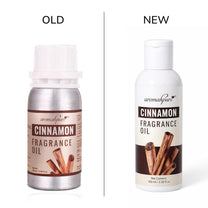 A side-by-side comparison of an old and new bottle of aromahpure Cinnamon Fragrance Oil