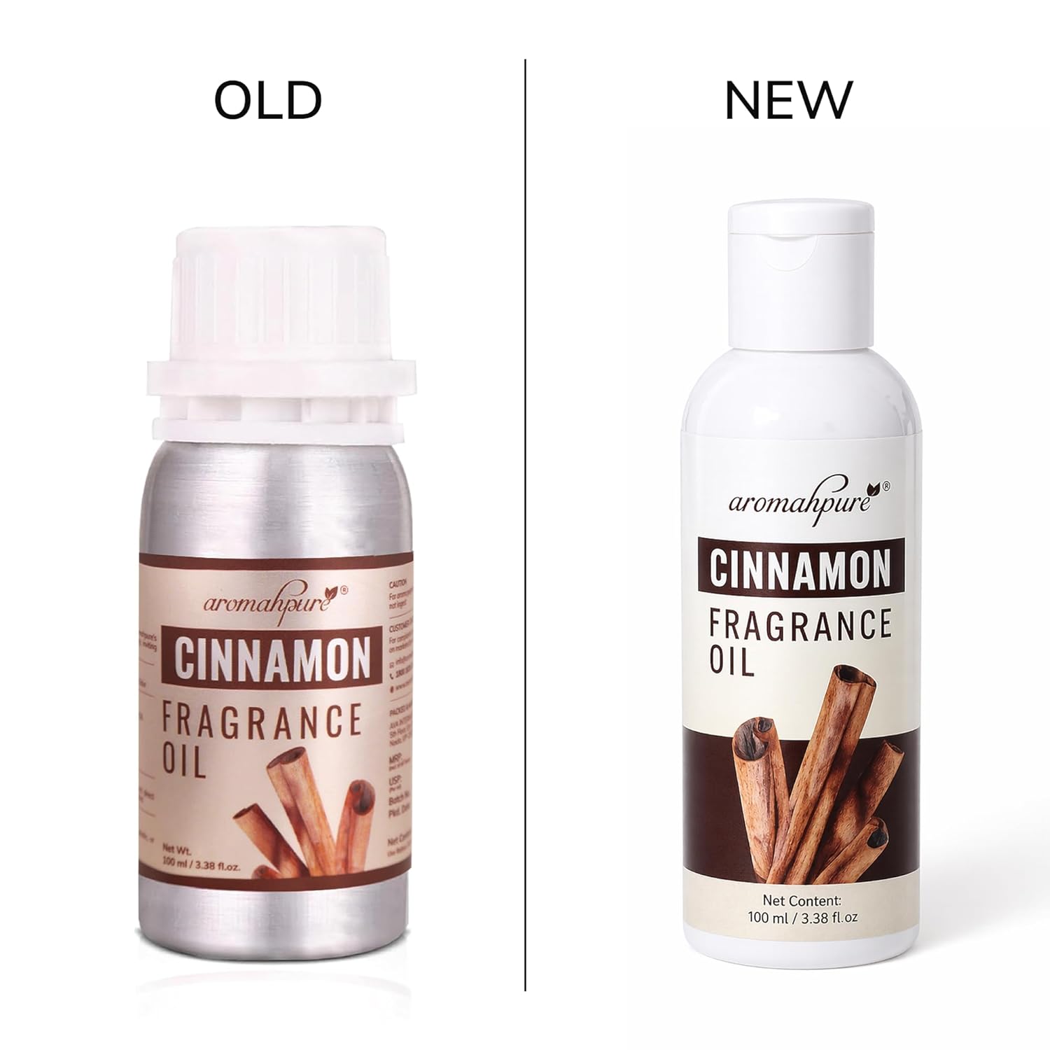 A side-by-side comparison of an old and new bottle of aromahpure Cinnamon Fragrance Oil