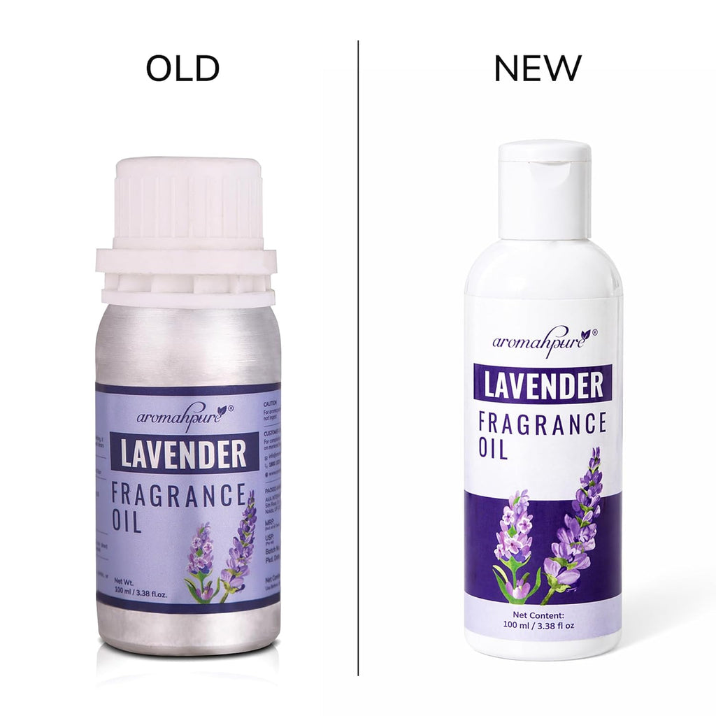 A side-by-side comparison of an old and new bottle of aromahpur Lavender Fragrance Oil on a white background. The left bottle, labeled 'OLD', is a silver metal bottle with a white cap and a lavender label.