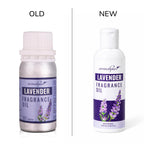 A side-by-side comparison of an old and new bottle of aromahpur Lavender Fragrance Oil on a white background. The left bottle, labeled 'OLD', is a silver metal bottle with a white cap and a lavender label.