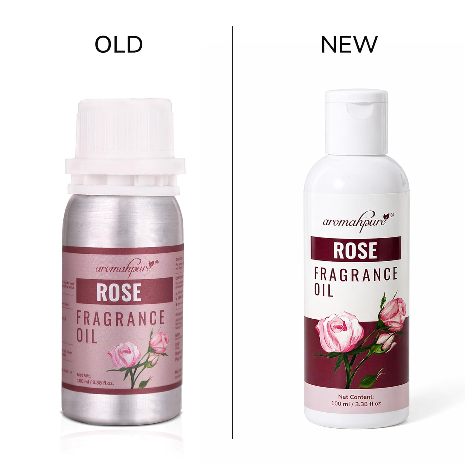 Old vs New Packaging of Aromahpure fragrance oil - rose fragrance