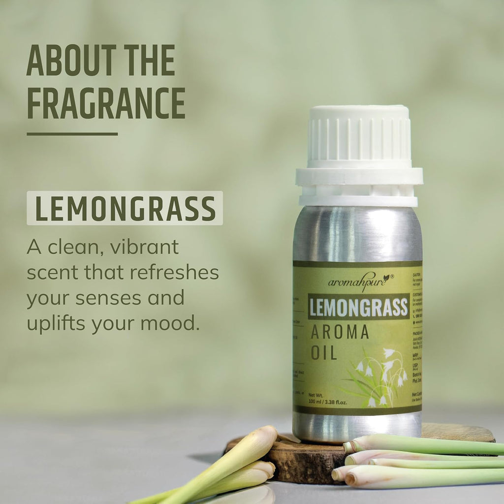 Lemongrass aroma oil bottle with lemongrass stalks on a light background