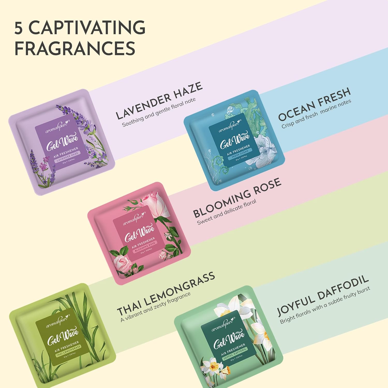 Gel wave bathroom freshener with five long lasting fragrances