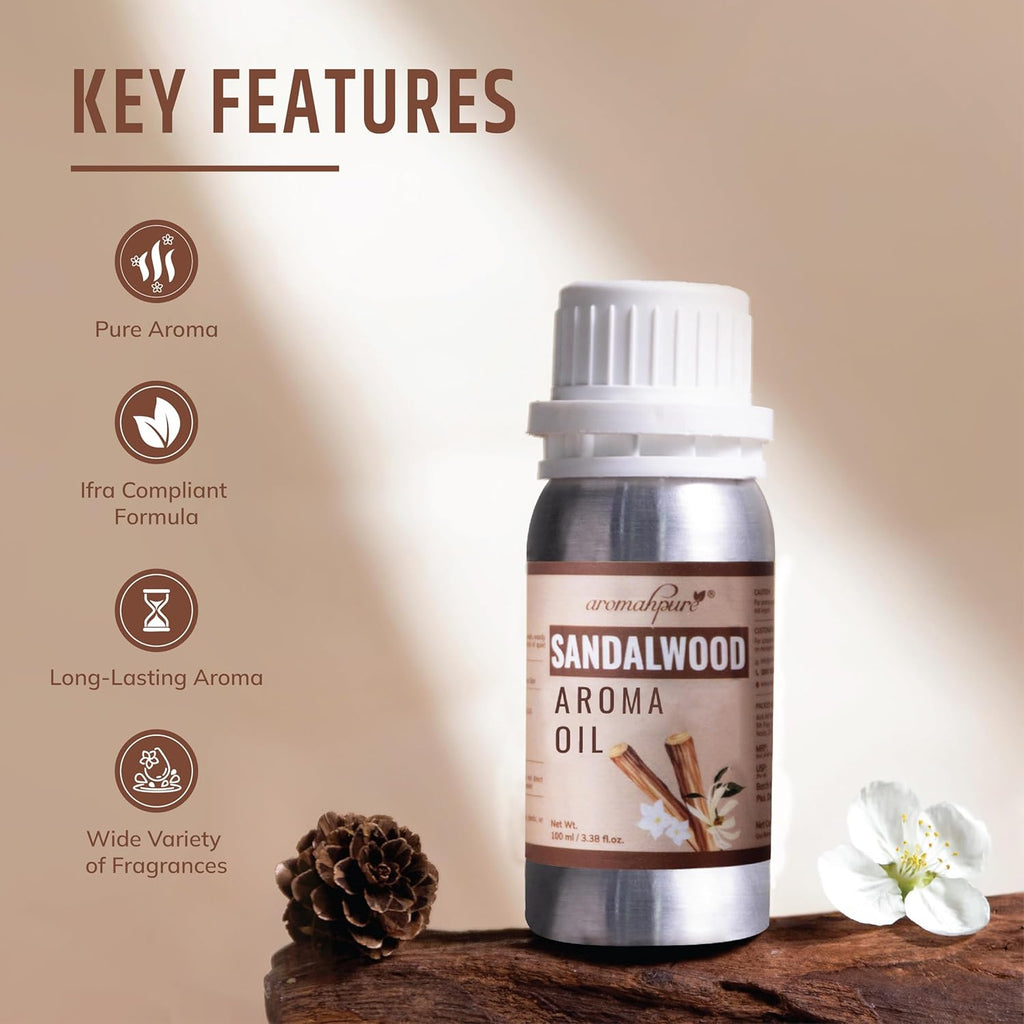 Sandalwood aroma oil bottle with key features