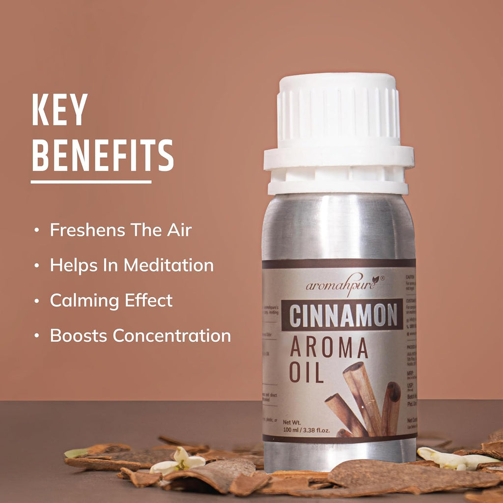 Cinnamon aroma oil bottle with key benefits