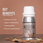 Cinnamon aroma oil bottle with key benefits
