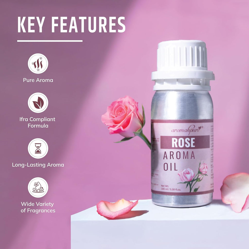 Rose aroma oil bottle with key features - Pure Aroma, long lasting 
