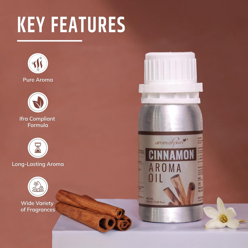 Cinnamon aroma oil bottle with key features listed on a brown background
