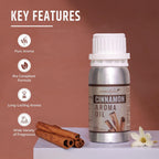 Cinnamon aroma oil bottle with key features listed on a brown background