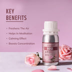 Rose aroma oil bottle with key benefits listed
