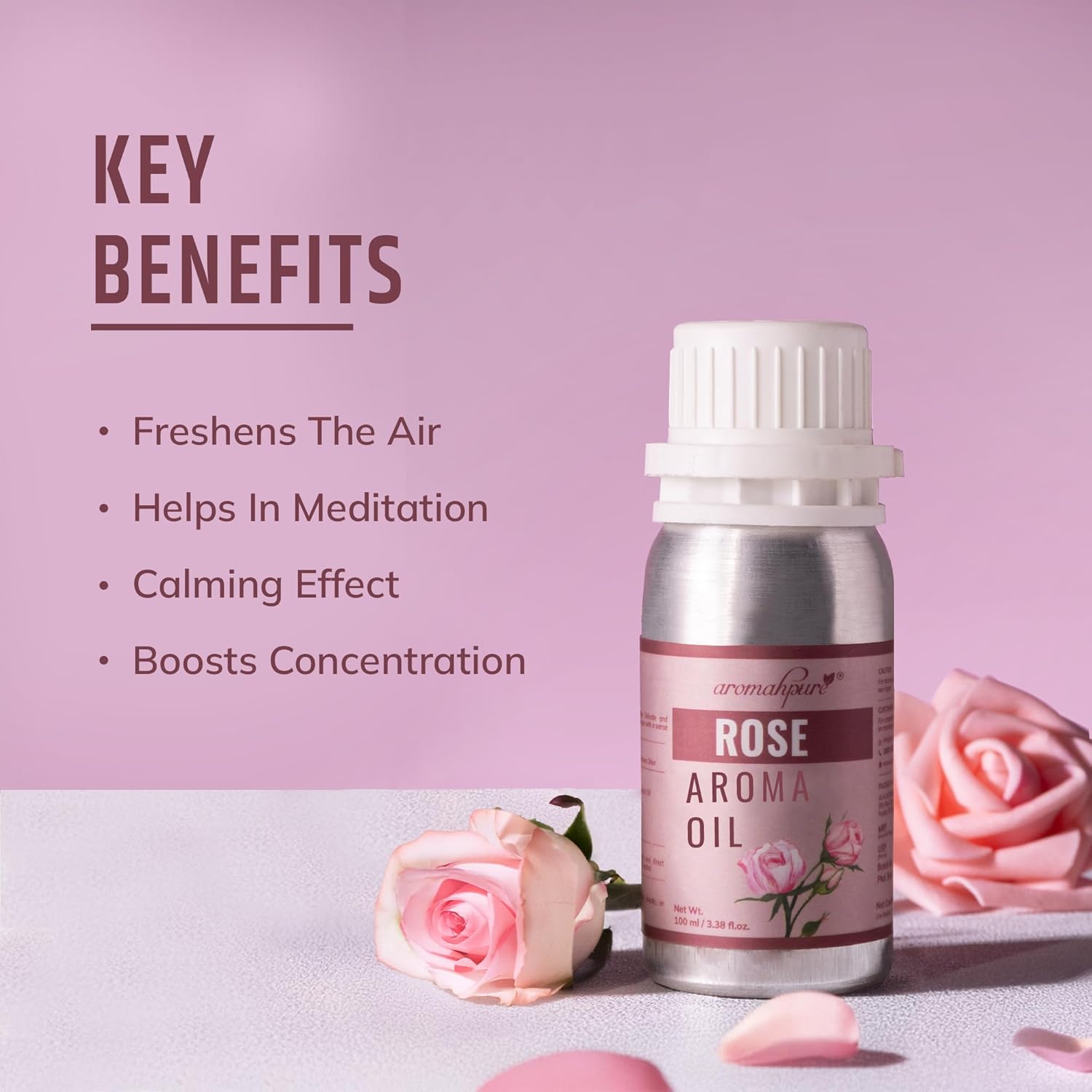Rose aroma oil bottle with key benefits listed