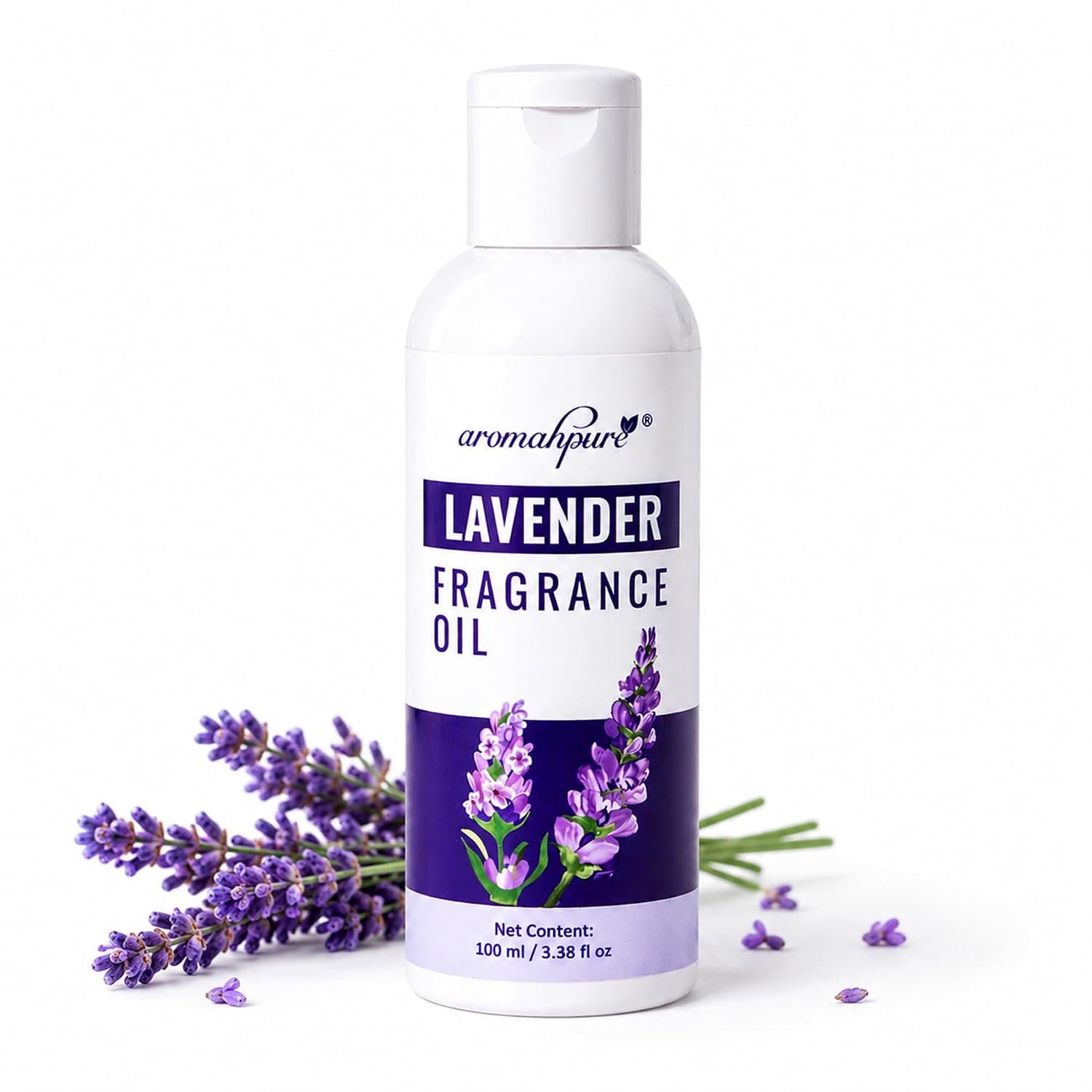 A bottle of Aromalure lavender fragrance oil, 100 ml, displayed on a white background with decorative lavender sprigs.