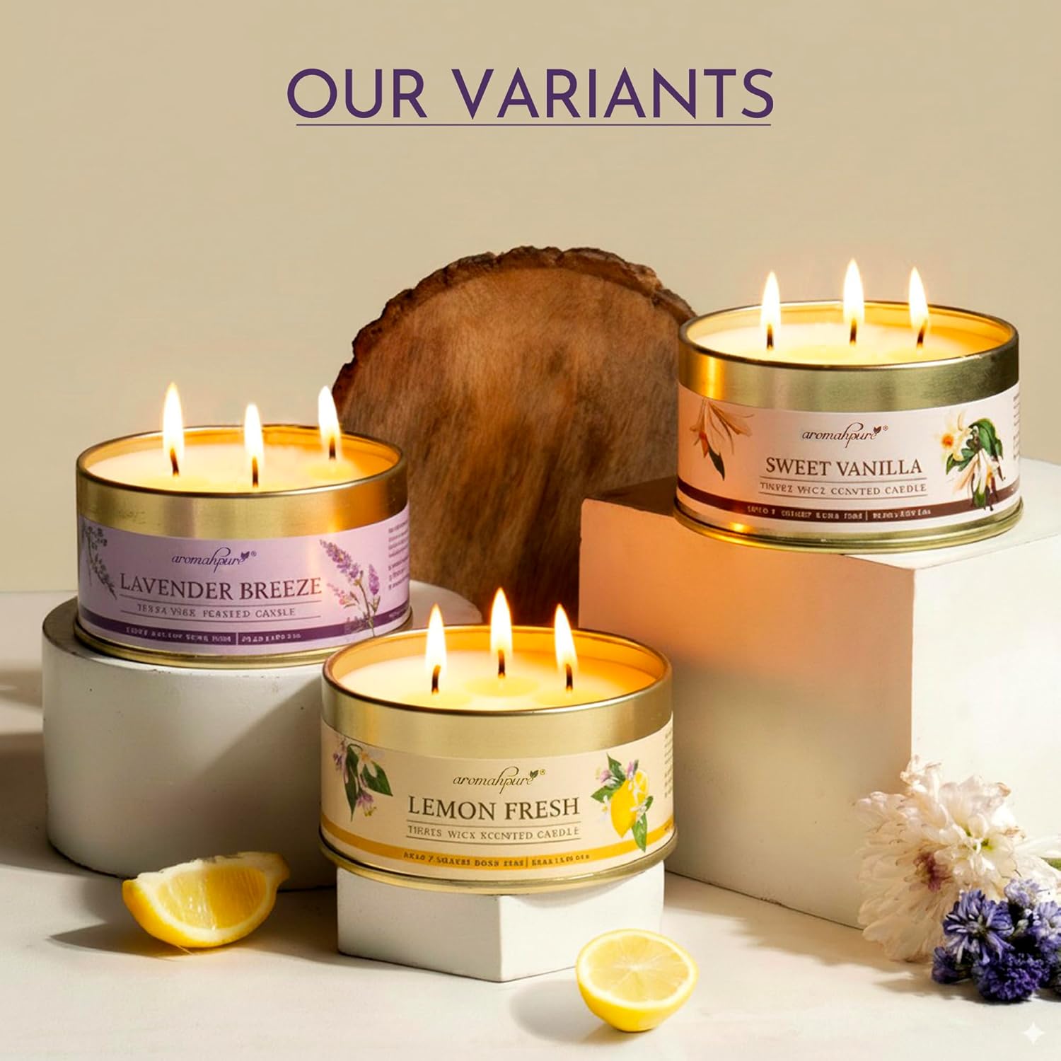 3 Wick Scented Candle Variants - breeze, lemon & Vanilla