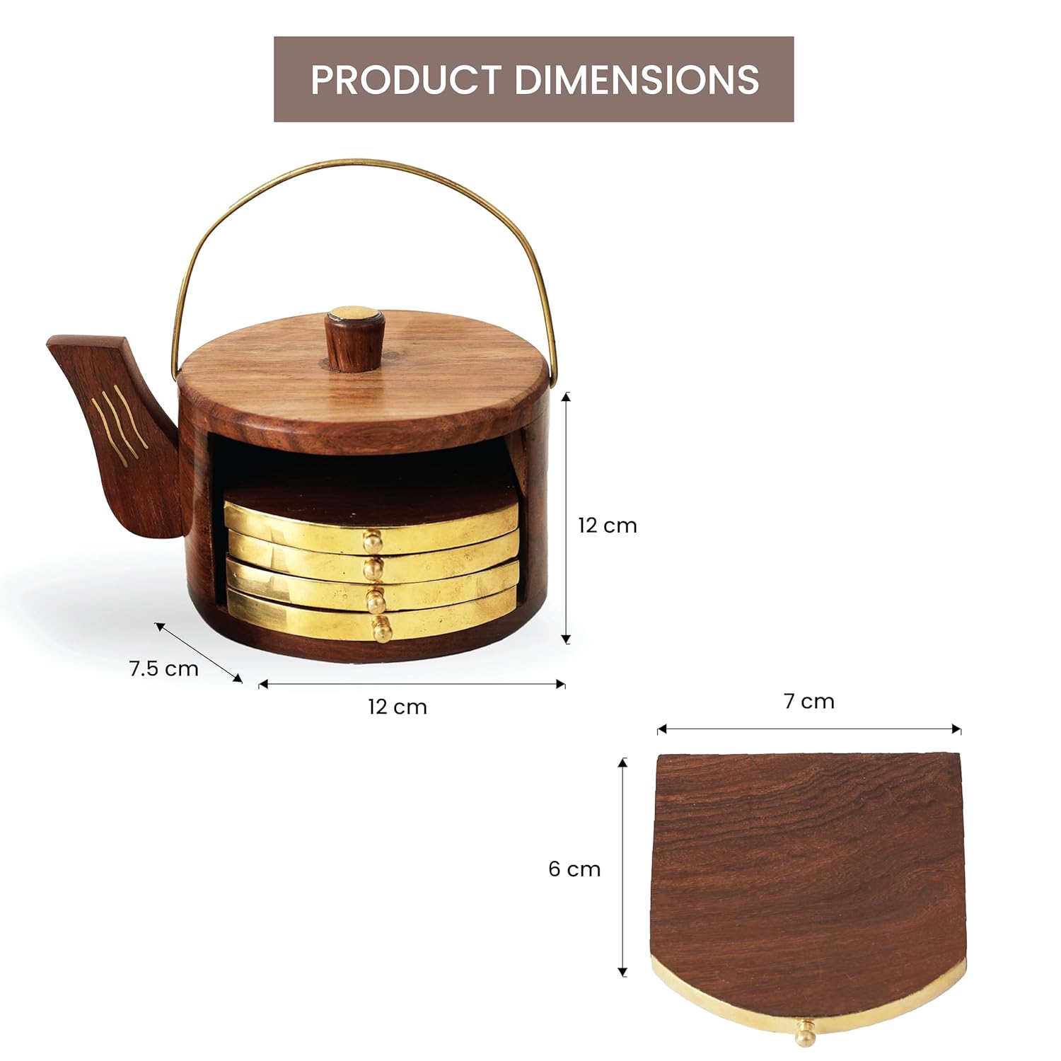 Orren Living 100% Sheesham Wood Coaster Set with Kettle-Shaped Stand – 6 Gold-Accented Coasters, Eco-Friendly, Durable & Easy to Clean – Elegant Addition to Any Coffee Table or Dining Area