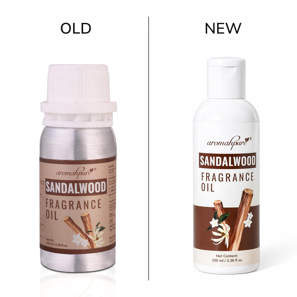 A side-by-side comparison of an old and new bottle of aromahpur Sandalwood Fragrance Oil. The left bottle, labeled 'OLD'