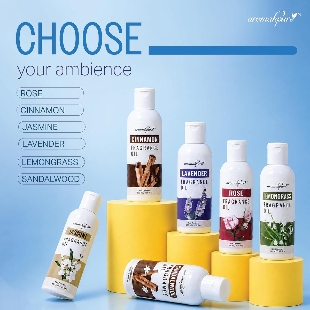 Choose Aromahpure Fragrance oils - Rose, Cinnamon, Jasmine, Lavender, Lemongrass  & Sandalwood