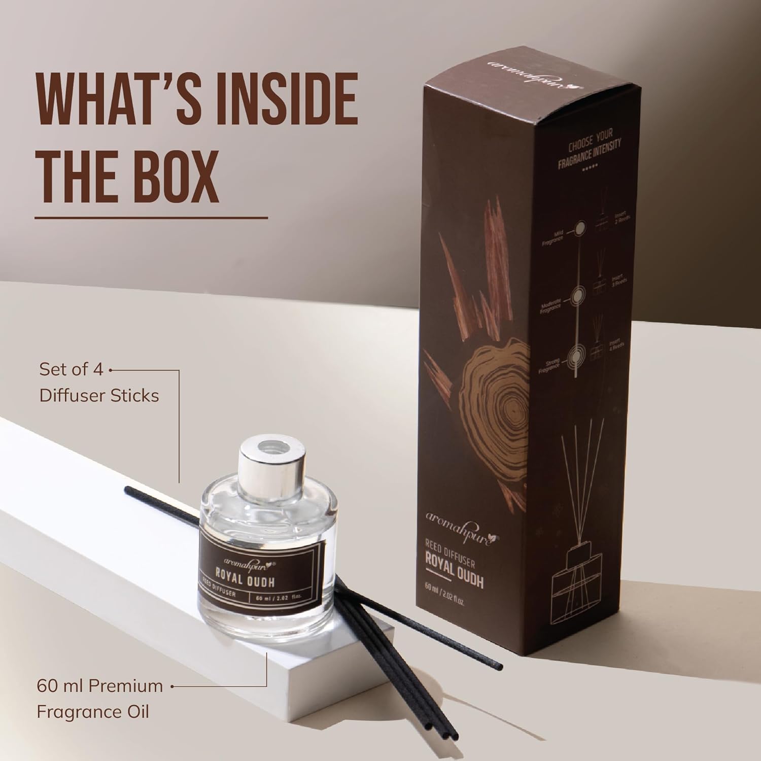 Reed diffuser - royal oudh fragrance contains 4 sticks and 60 ml premium fragrance oil