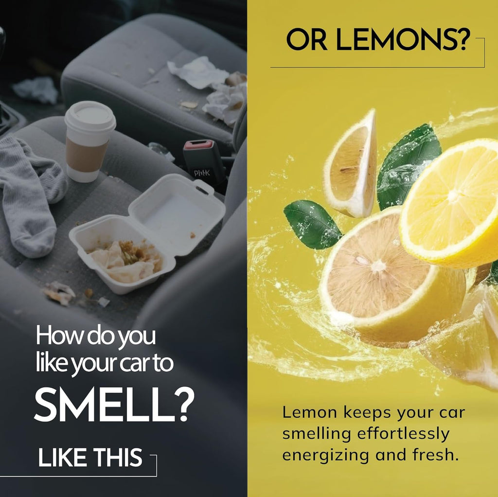 Car interior with litter and a lemon-themed advertisement on a yellow background.