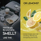 Car interior with litter and a lemon-themed advertisement on a yellow background.