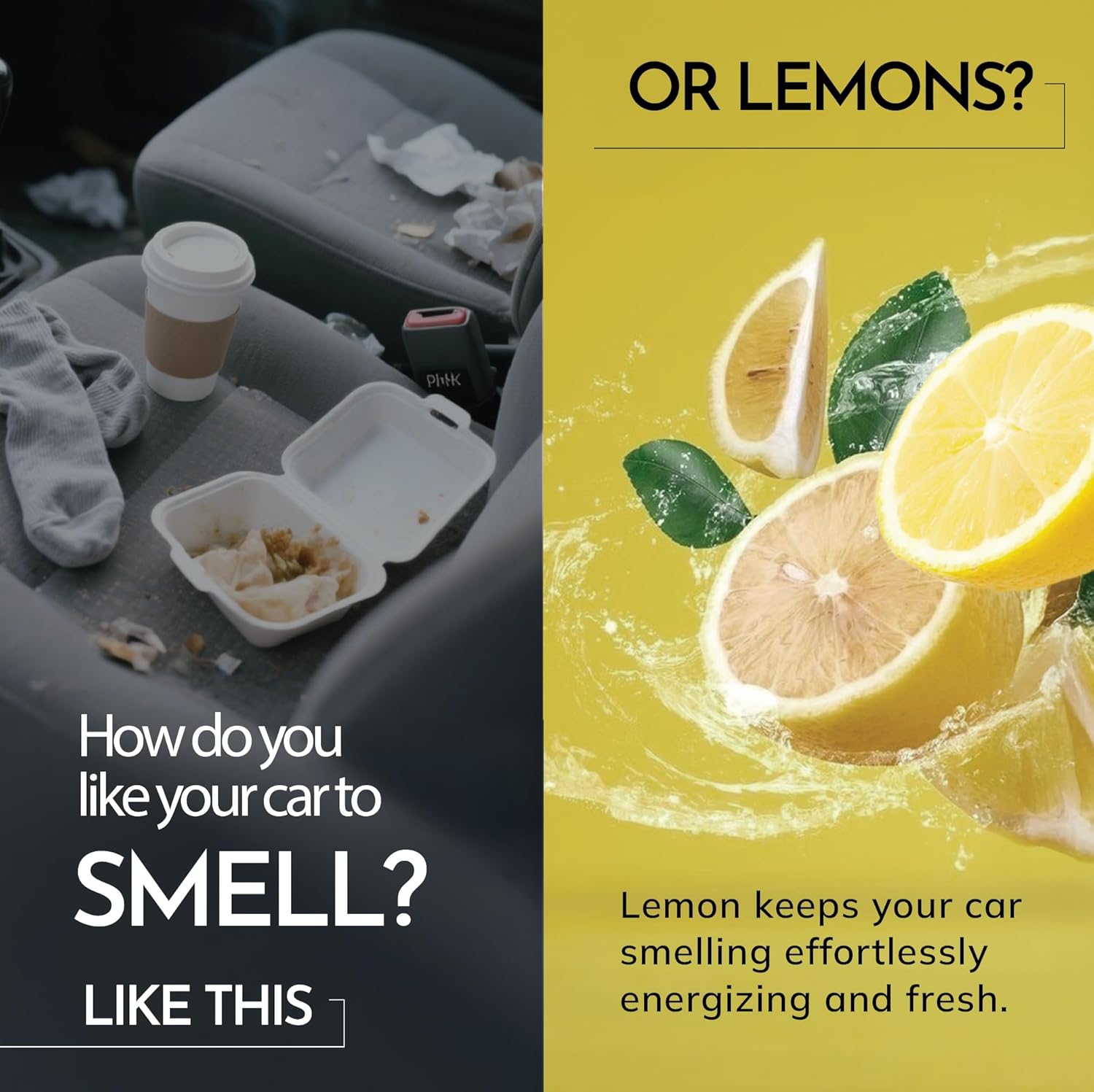 Car interior with litter and a lemon-themed advertisement on a yellow background.