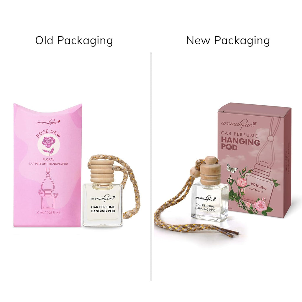 Comparison of old and new packaging for a car perfume hanging pod.