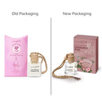 Comparison of old and new packaging for a car perfume hanging pod.