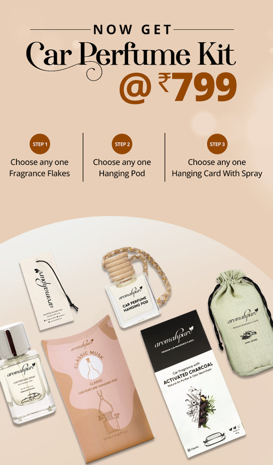 Car Perfume Kit - flakes, hanging pods & Hanging card with spray