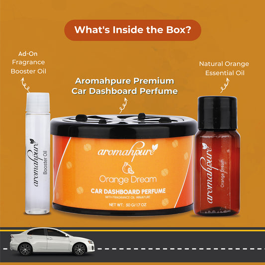 Aromahpure Dashboard Car Perfume with 50 ML Miniature Fragrance Oil (Oud Essence, Orange Dream)