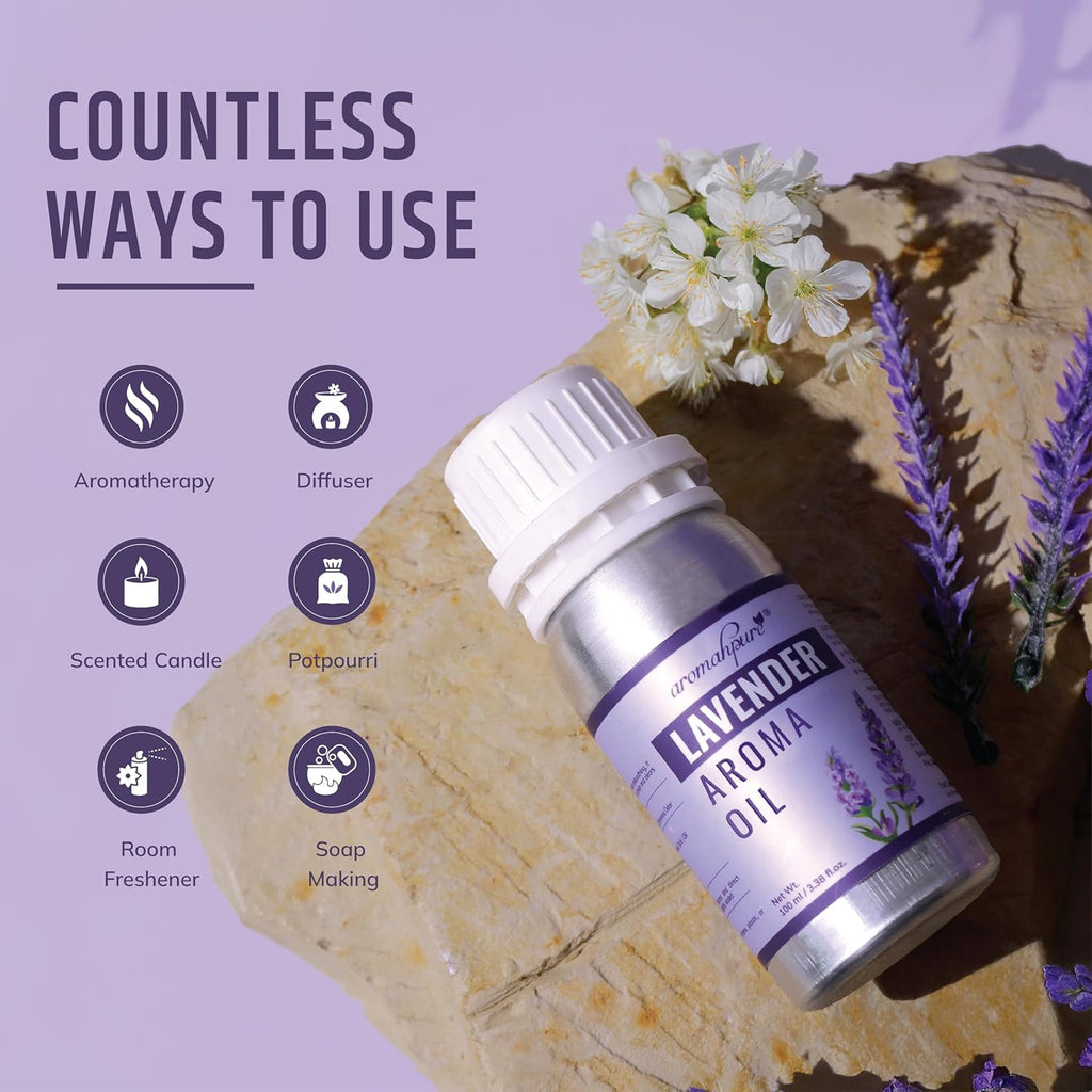 Lavender aroma oil bottle with usage icons on a textured surface with flowers.