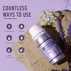 Lavender aroma oil bottle with usage icons on a textured surface with flowers.