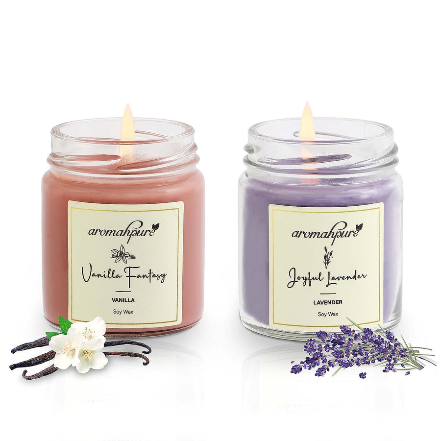Soy Wax Round Jar 100ml Candles, 54 Hours Burning Time Guaranteed (Joyful Lavender, Vanilla Fantasy)