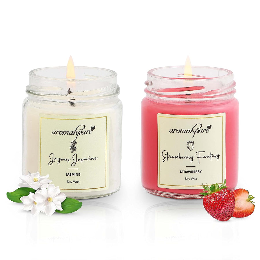 Soy Wax Round Jar 100ml Candles, 54 Hours Burning Time Guaranteed (Joyous Jasmine, Strawberry Fantasy)