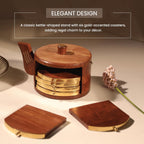 Orren Living 100% Sheesham Wood Coaster Set with Kettle-Shaped Stand – 6 Gold-Accented Coasters, Eco-Friendly, Durable & Easy to Clean – Elegant Addition to Any Coffee Table or Dining Area
