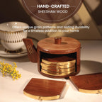 Orren Living 100% Sheesham Wood Coaster Set with Kettle-Shaped Stand – 6 Gold-Accented Coasters, Eco-Friendly, Durable & Easy to Clean – Elegant Addition to Any Coffee Table or Dining Area