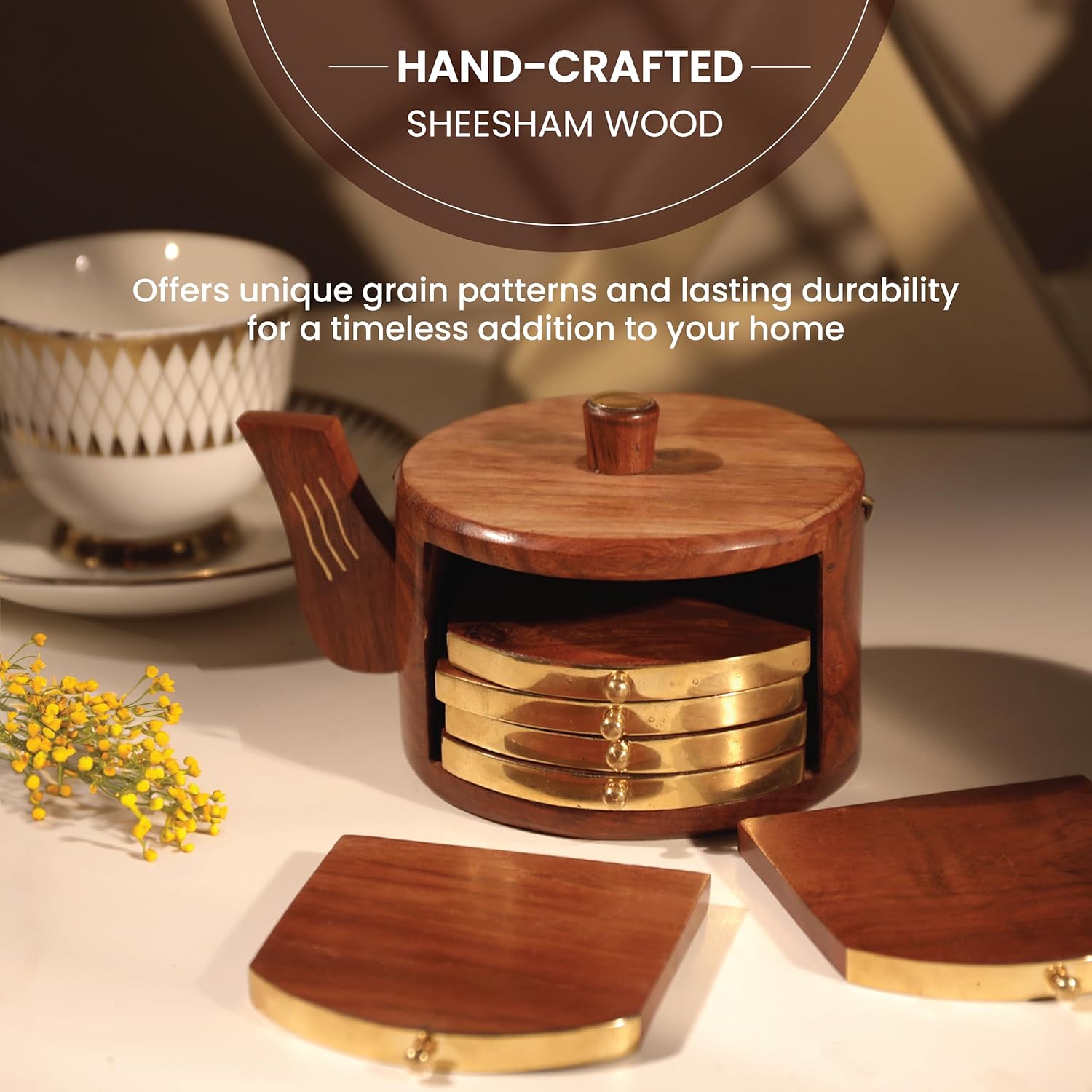 Orren Living 100% Sheesham Wood Coaster Set with Kettle-Shaped Stand – 6 Gold-Accented Coasters, Eco-Friendly, Durable & Easy to Clean – Elegant Addition to Any Coffee Table or Dining Area