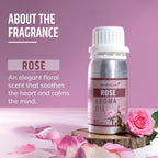 About the fragrance Rose aroma oil bottle with pink roses and petals
