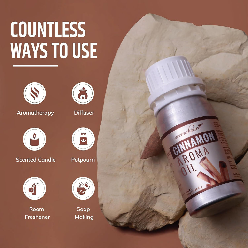 Cinnamon aroma oil bottle with usage icons on a brown background