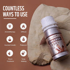 Cinnamon aroma oil bottle with usage icons on a brown background
